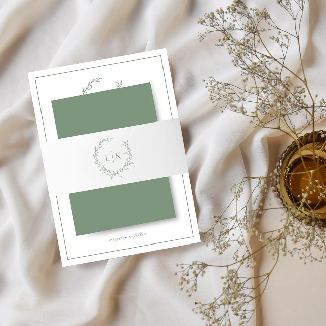 Elegant Monogram Leaf Crest Sage Green Wedding Invitation Belly Band (Creator Uploaded)