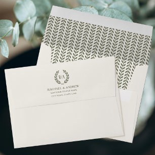 Elegant Monogram Leaf Green Cream Wedding Envelope