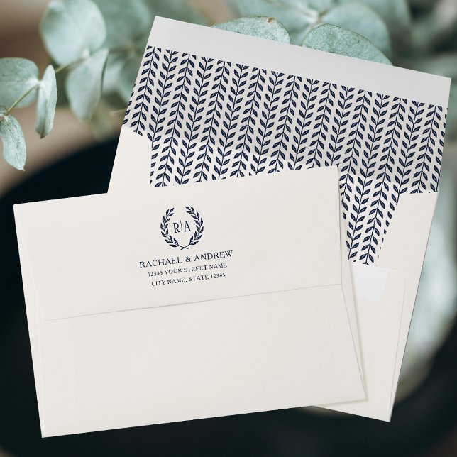 Elegant Monogram Leaf Navy Cream Wedding Envelope (Creator Uploaded)