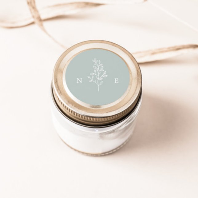 Elegant Monogram Leaf Sage Green Wedding Classic Round Sticker (Creator Uploaded)