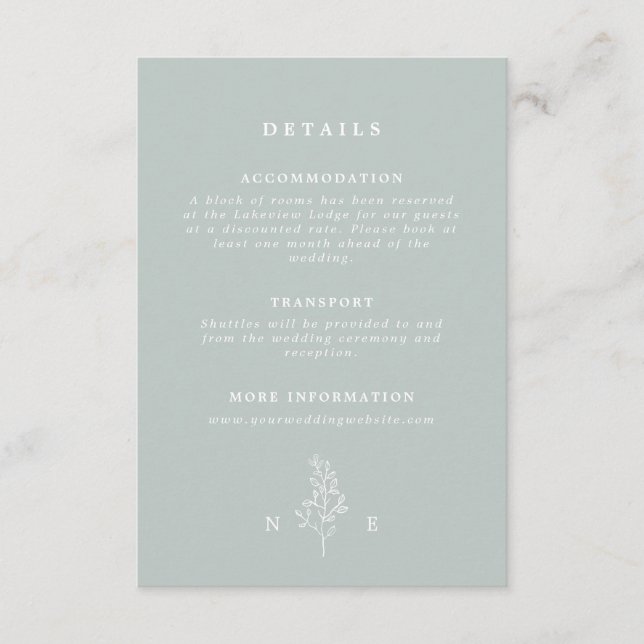 Elegant Monogram Leaf Sage Green Wedding Details Enclosure Card (Front)