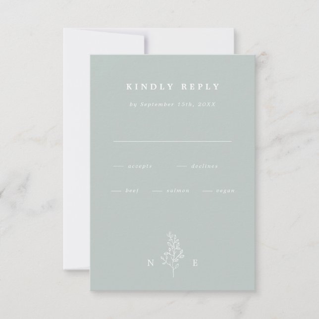 Elegant Monogram Leaf Sage Green Wedding RSVP Card (Front)