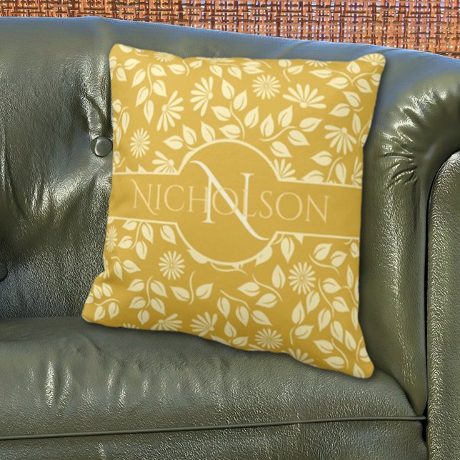 Elegant Monogram Leaves Daisies Custom Name Gold Cushion (Creator Uploaded)