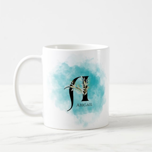 Elegant Monogram Letter A Teal Gold Flower  Coffee Mug (Left)