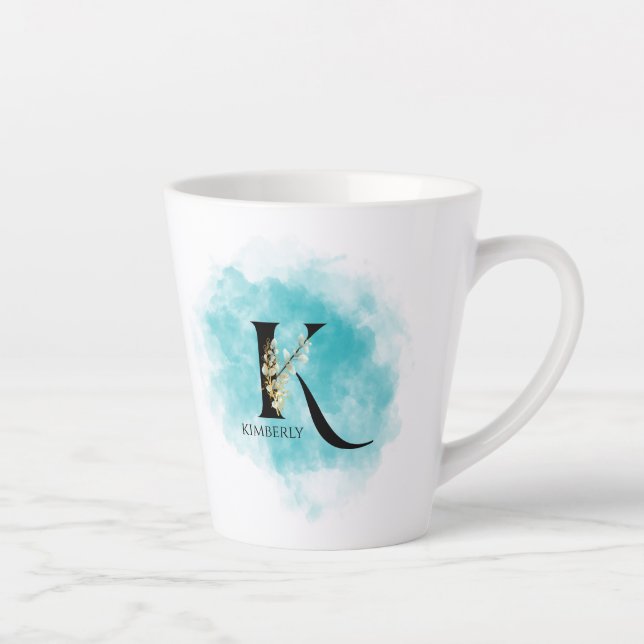 Elegant Monogram Letter K Teal Gold Flower  Latte Mug (Right)
