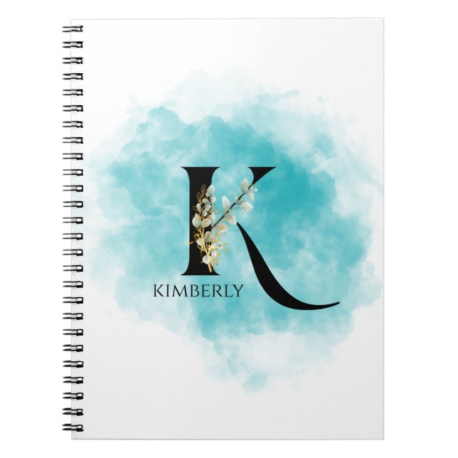 Elegant Monogram Letter K Teal Gold Flower  Notebook (Front)
