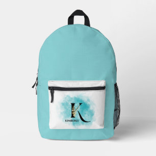 Elegant Monogram Letter K Teal Gold Flower Printed Backpack