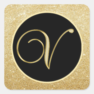 Elegant Monogram Letter V Black Gold Glitter Seals