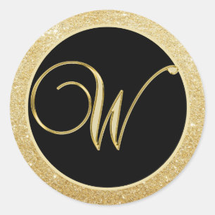 Elegant Monogram Letter W Black Gold Glitter Seals