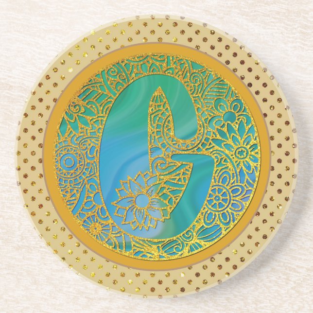 Elegant Monogram Letters Turquoise & Gold Glitter Coaster (Front)