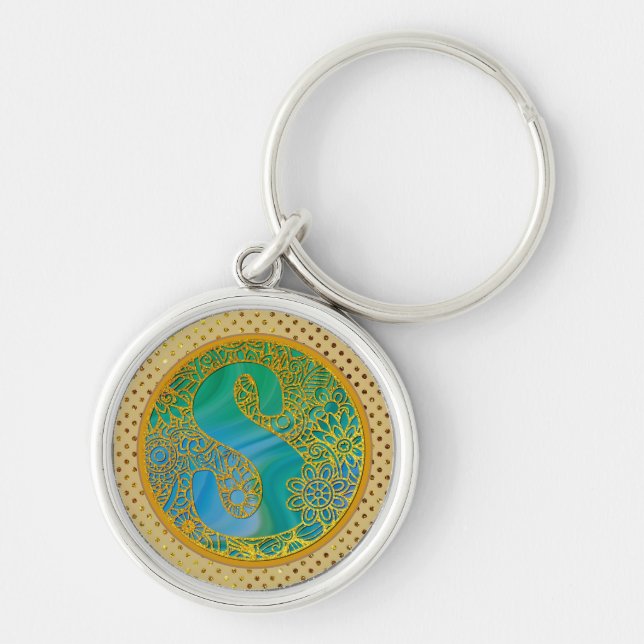 Elegant Monogram Letters Turquoise & Gold Glitter Key Ring (Front)