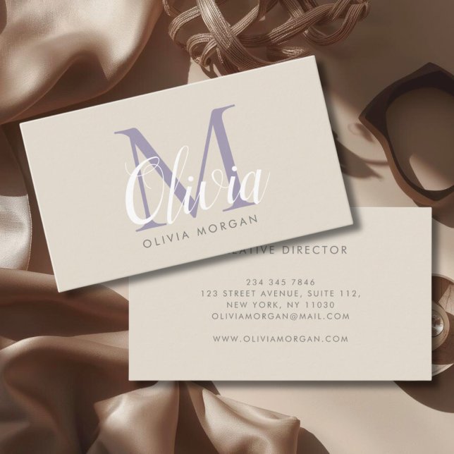 Elegant monogram logo beige purple professional business card (Creator Uploaded)
