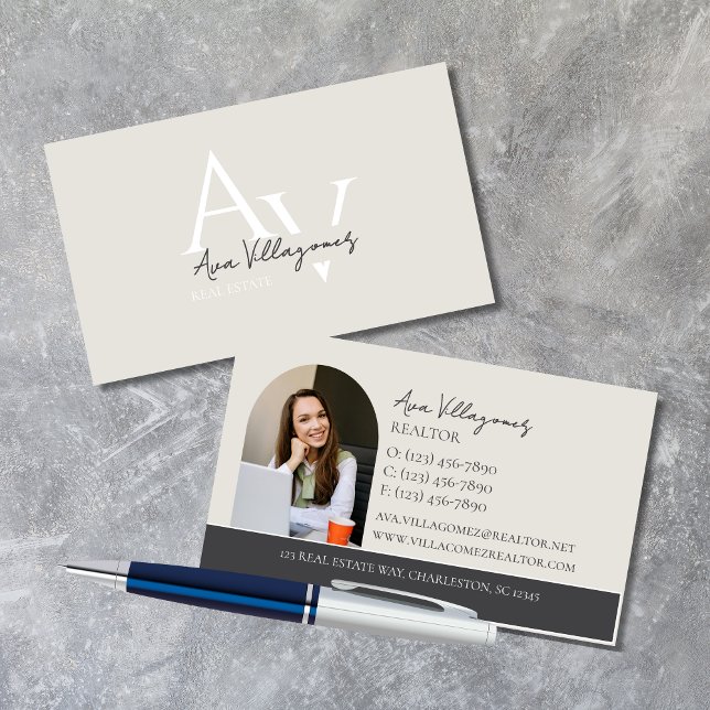 Elegant Monogram Logo Neutral Professional Business Card (Elegant and professional agent business card that makes a great first impression!)