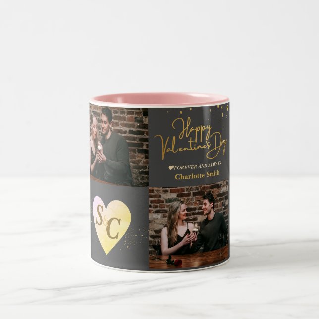 Elegant Monogram Love valentine's day couple photo Two-Tone Coffee Mug (Center)