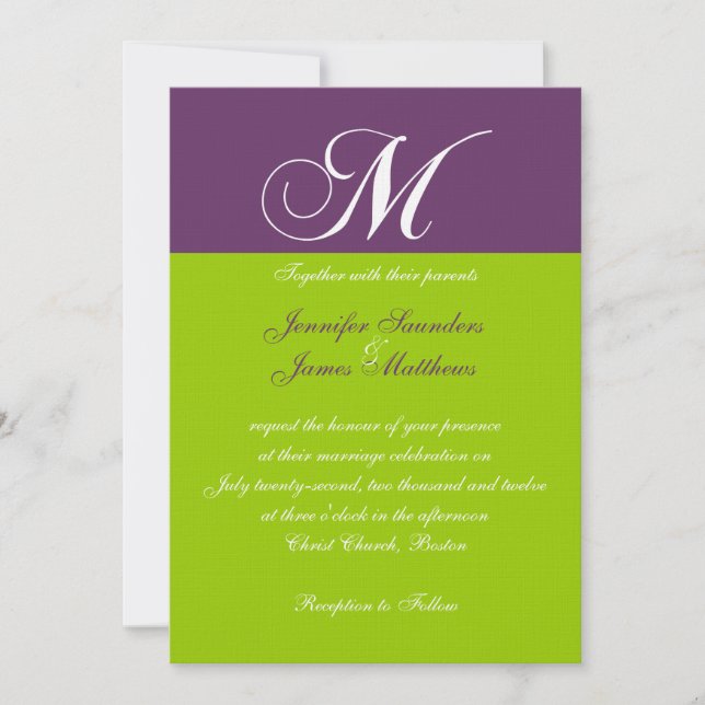 Elegant Monogram M Purple Green Wedding Invitation (Front)