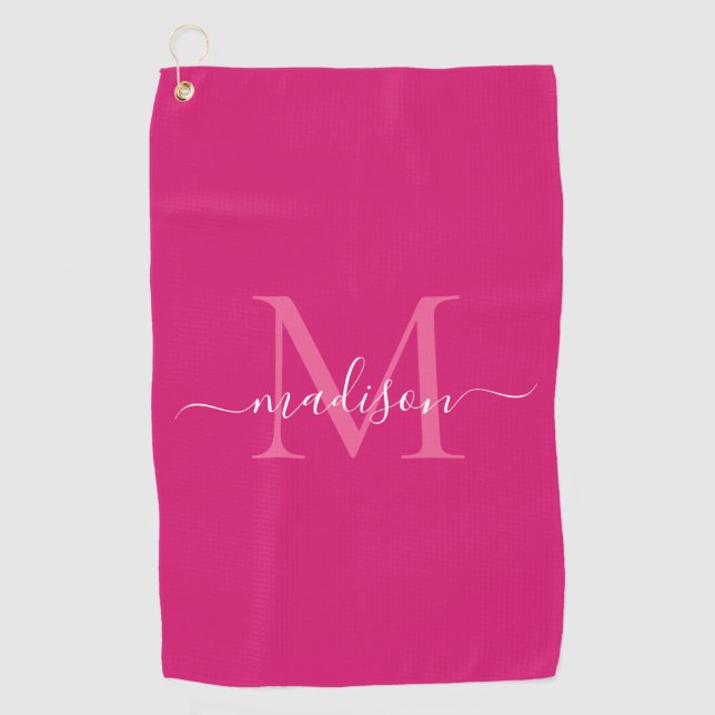 Elegant Monogram Magenta Pink White Girly Script Golf Towel (Front)