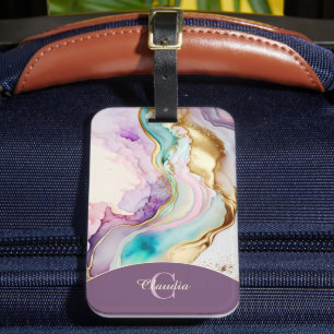 Elegant Monogram Marble Liquid Ink Luggage Tag