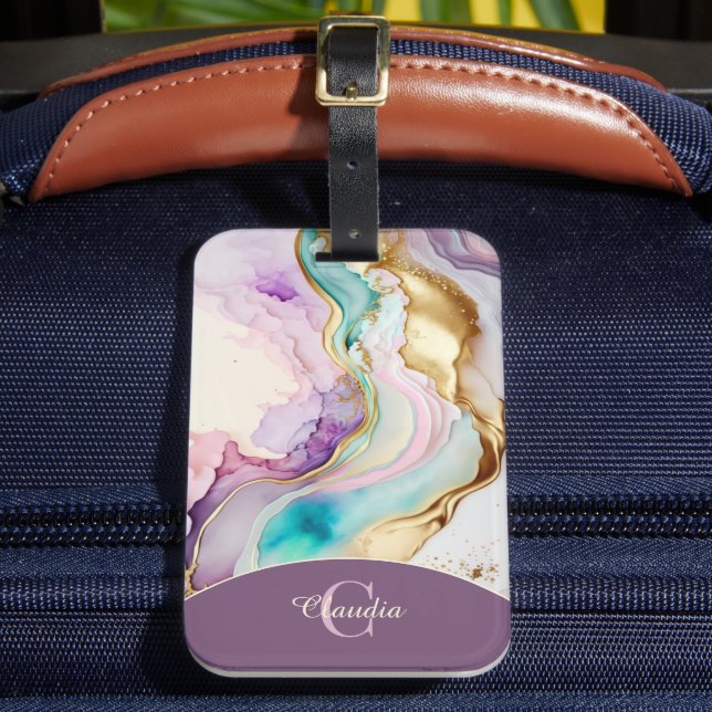 Elegant Monogram Marble Liquid Ink Luggage Tag (Front Insitu 2)