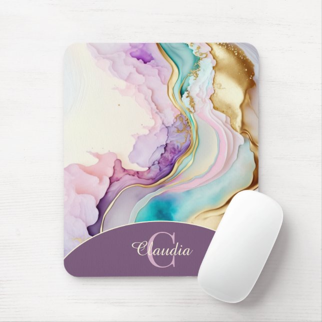 Elegant Monogram Marble Liquid Ink Mouse Pad (With Mouse)
