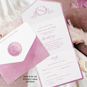 Elegant Monogram Mauve and Pink Watercolor Wedding All In One Invitation
