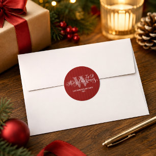 Elegant Monogram Merry Christmas Calligraphy Red  Classic Round Sticker