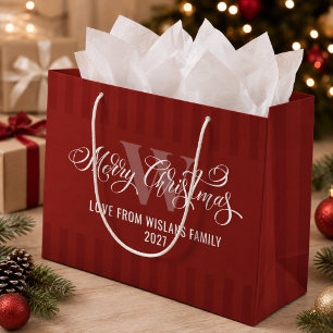 Elegant Monogram Merry Christmas Calligraphy Red  Large Gift Bag