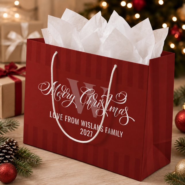 Elegant Monogram Merry Christmas Calligraphy Red  Large Gift Bag (Creator Uploaded)
