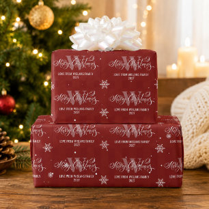 Elegant Monogram Merry Christmas Calligraphy Red Wrapping Paper