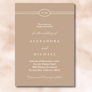 Elegant Monogram Minimalist Cream Taupe Wedding  Invitation