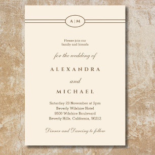 Elegant Monogram Minimalist Taupe Cream Wedding  Invitation