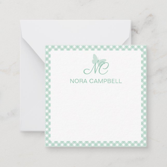 Elegant Monogram Mint Green Gingham Personalised Card (Front)