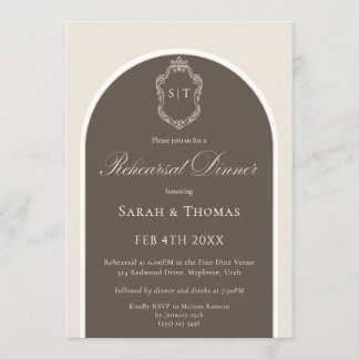 Elegant Monogram Mocha Wedding Rehearsal Dinner In Invitation
