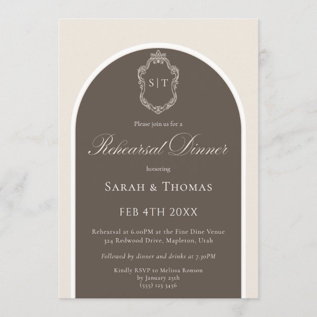 Elegant Monogram Mocha Wedding Rehearsal Dinner In Invitation (Front)