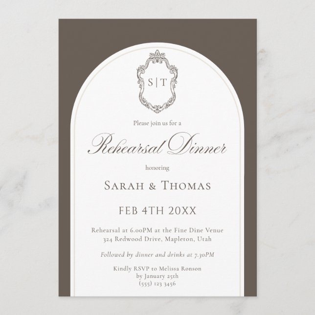 Elegant Monogram Mocha Wedding Rehearsal Dinner Invitation (Front)