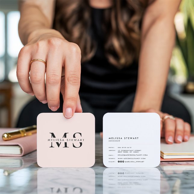Elegant monogram modern blush pink rounded square business card (Elegant monogram modern blush pink rounded)
