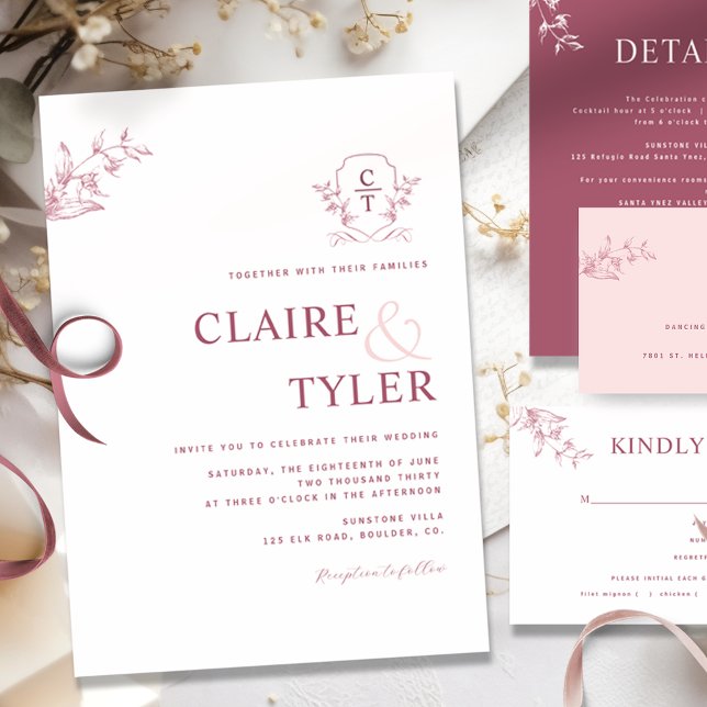 Elegant Monogram Modern Burgundy, Pink Wedding Invitation (Creator Uploaded)