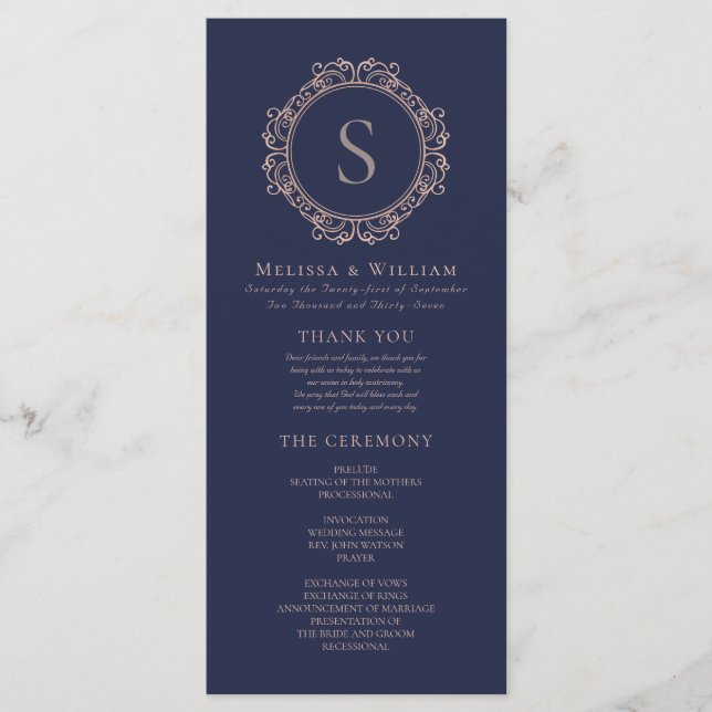 Elegant Monogram Modern Classic Navy Blush Wedding Programme (Front)