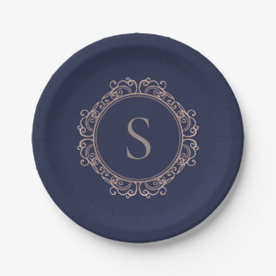 Elegant Monogram Modern Classic Navy Copper Blush Paper Plate