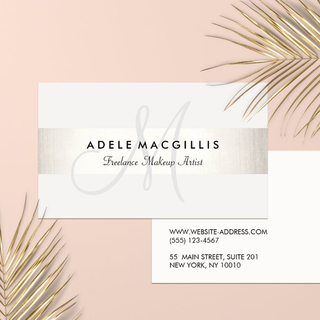 Elegant Monogram  Modern FAUX Silver Stripe White Business Card (Creator Uploaded)