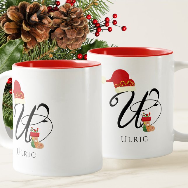 Elegant Monogram Modern Script Initial U Christmas Two-Tone Coffee Mug (Creator Uploaded)