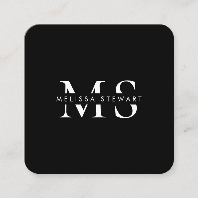 Elegant monogram modern white black rounded square business card (Front)