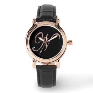 Elegant Monogram N Black and Rose Gold Watch