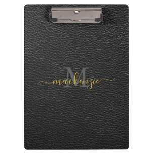 Elegant Monogram Name Black Leather Style Clipboard