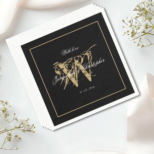 Elegant Monogram Name Black White Gold Wedding Napkin