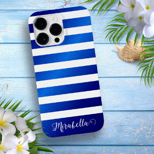 Elegant Monogram Name Blue and White Stripes Case-Mate iPhone 14 Pro Max Case