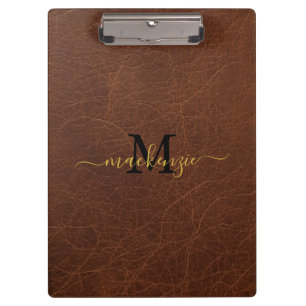 Elegant Monogram Name Brown Leather Style Clipboard