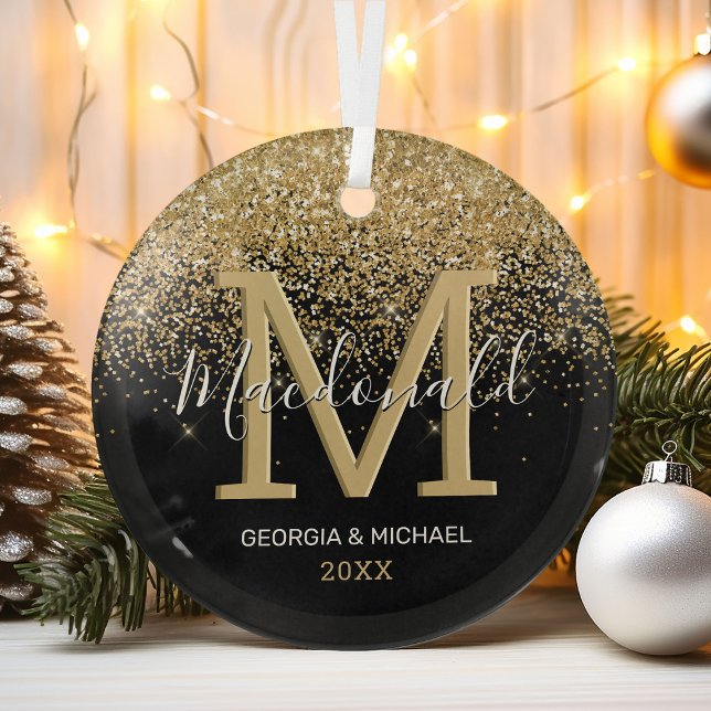 Elegant Monogram Name Christmas Glass Ornament (Creator Uploaded)