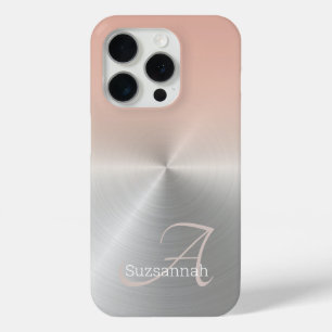 Elegant Monogram Name Coral Ombre Faux Metal iPhone 15 Pro Case