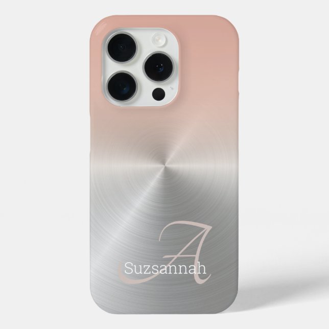 Elegant Monogram Name Coral Ombre Faux Metal Case-Mate iPhone Case (Back)