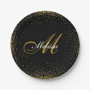 elegant monogram name gold glitter black paper plate